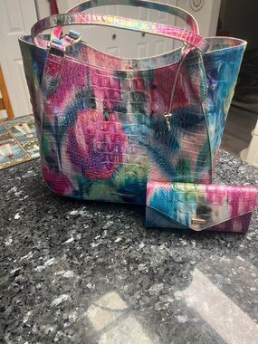 Multicolor Croc-Embossed Tote with Matching Wallet - Pink & Blue